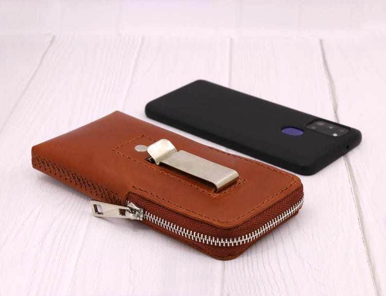 Handmade Leather Smartphone Holster: Zip Case with Belt Clip, Personalized image 14