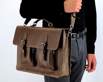 Crazy Horse Leather Shoulder Briefcase, Handmade Laptop Messenger Bag with Detachable Strap, Custom Engraving