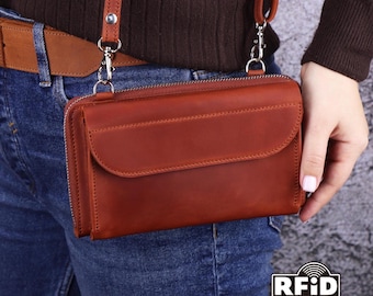 RFID Shoulder Phone Wallet: Crazy Horse Leather, Handmade Crossbody iPhone Purse, Engraved Small Bag