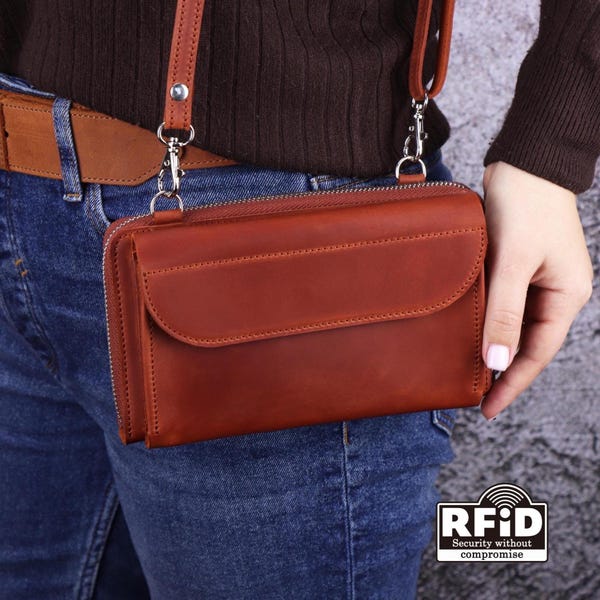RFID Shoulder Phone Wallet: Crazy Horse Leather, Handmade Crossbody iPhone Purse, Engraved Small Bag