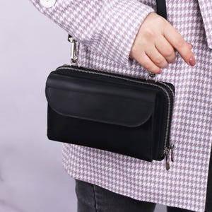 Leather Crossbody Dual Zip Around Wallet Bag with Pocket For iPhone, Handmade Leather Double Purse with Shoulder Strap, Leather Wallet Purse