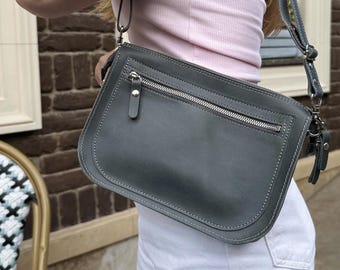 Crazy Horse Leather Crossbody Middle Bag: Handmade Shoulder Zipper Purse, Personalized Engraved Monogram