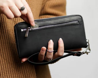 Handmade Leather Long Purse Wallet for Bills, Classic Wallet With Wrist Strap, Genuine Leather Purse, Personalized Wallet with Coins Pocket