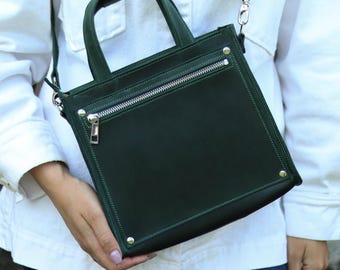 Personalized Leather Mini Tote Bag & Crossbody Strap - Top Handle Handbag, Small Shopper Zipper Purse