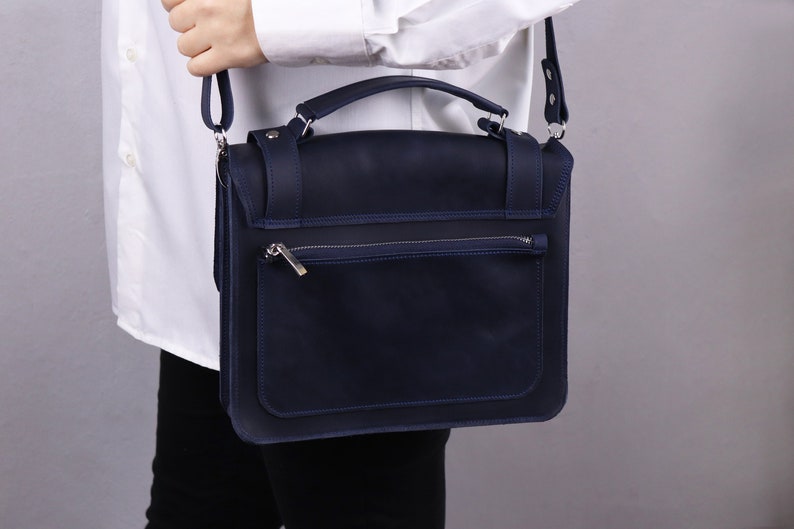 Petite serviette en cuir avec bandoulière/ sacoche à poignée supérieure pour homme/ sac messager bleu/ sac à bandoulière en cuir/ sac à bandoulière pour documents image 3