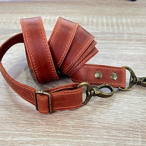Genuine Leather Shoulder Strap with Swivel Hooks, Removable Crossbody Strap, Rotating Clasp Strap, Detachable Adjustable Leather Crossbody Strap: Antique Brass Swivel Hooks, 1" wide