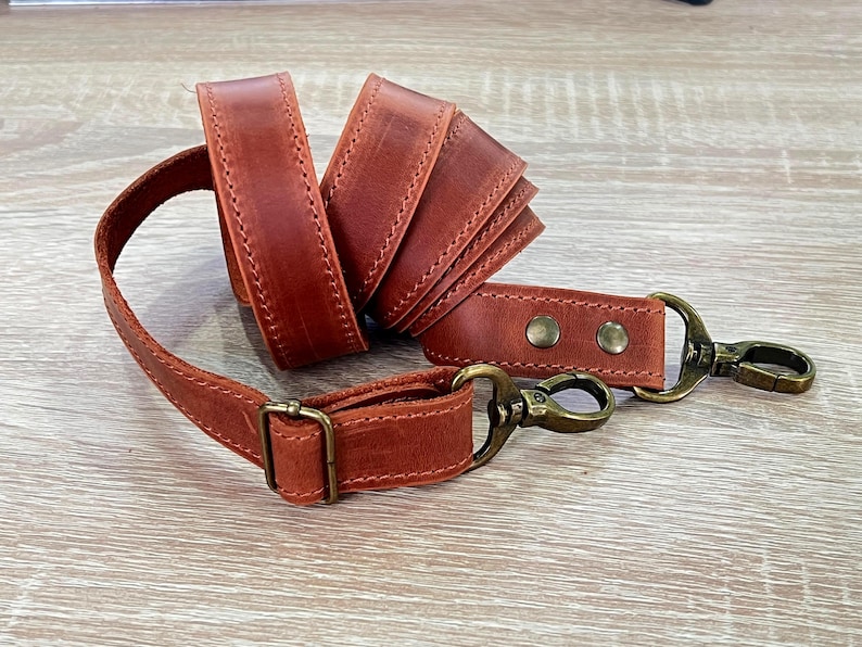 Genuine Leather Shoulder Strap with Swivel Hooks, Removable Crossbody Strap, Rotating Clasp Strap, Detachable Adjustable Leather Crossbody Strap: Antique Brass Swivel Hooks, 1" wide