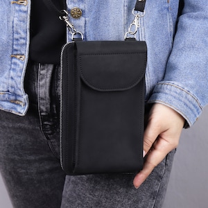 Handmade Leather Vertical Crossbody iPhone Wallet, Leather Smartphone Small Crossbody Purse, Leather Zip Wallet Purse with Shoulder Strap