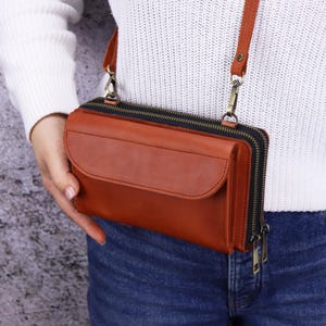 RFID Handcrafted Leather Crossbody Phone Wallet Purse: Shoulder Dual Zipper iPhone Bag, Personalization Engraving