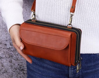 RFID Handcrafted Leather Crossbody Phone Wallet Purse: Shoulder Dual Zipper iPhone Bag, Personalization Engraving