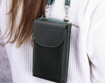 Genuine Leather Crossbody iPhone Wallet, Handmade Shoulder Wallet Purse With Pocket for Mobile Phone, Personalized Leather Crossbody Purse