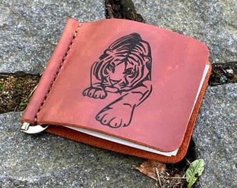 Personalized Crazy Horse Leather Money Clip Wallet: Custom Engraved, Hand-stitched Waxed Thread Pocket Purse