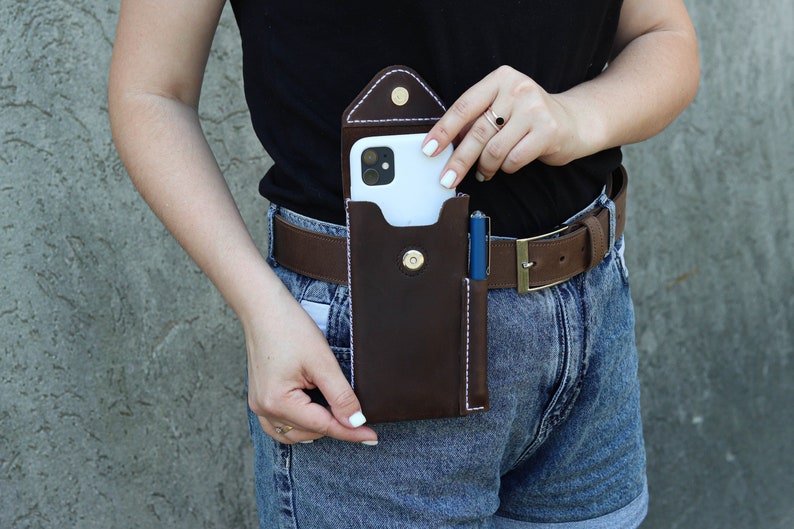 Genuine Leather Phone Custom Case With Belt Clip, Leather Pen And Phone Holster, Individually Phone Size Leather Case With Metal Belt Clip