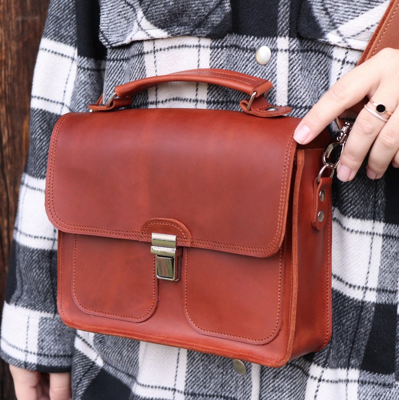 Handmade Leather Documents Briefcase /Small Top Handle Bag / Brown Shoulder Handbag / Mini Leather Satchel Bag / Personalized Crossbody Bag image 1