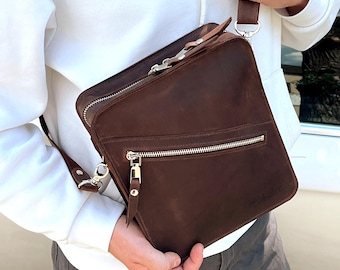 Crazy Horse Leather Messenger Bag: Handmade Men's Crossbody Bag, Personalized Zippered Shoulder Phone Purse