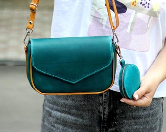 Set Handmade Leather Crossbody Zipper Bag & Coin Purse - Two-Tone HandBag, Personalized Shoulder City Bag