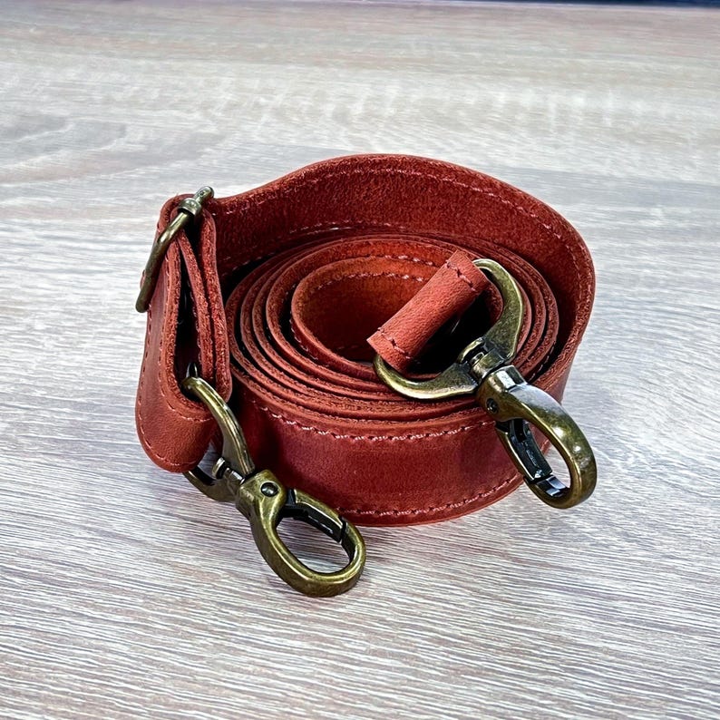 Genuine Leather Shoulder Strap with Swivel Hooks, Removable Crossbody Strap, Rotating Clasp Strap, Detachable Adjustable Leather Crossbody Strap: Antique Brass Swivel Hooks, 1" wide