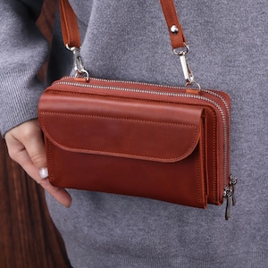 Leather Double Zipper Shoulder Purse For iPhone 16, Pro Max, Leather Dual Crossbody Purse, Secure Travel Wallet for Documents Cash & Cards