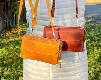 Handmade Crazy Horse Leather Crossbody Wallet Phone Bag: RFID Protection, Shoulder Double Zipper Purse