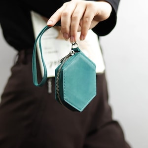 Handmade Aquamarine Leather Hexagonal Shaped Zippered Small Purse With Wrist Strap, Leather Honeycomb Shaped Wallet and Wristlet & Card Slot