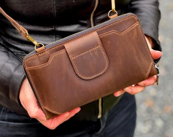 Crazy Horse Leather Crossbody Travel Wallet Purse: RFID, Handmade Antique Shoulder Organizer Phone Bag