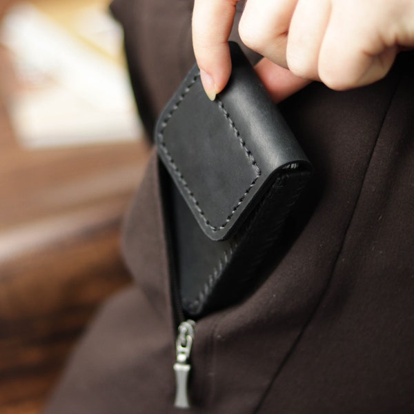 Pocket Credit Card Holder /Handmade Leather Mini Card Sleeve / Small Business Card Case / Minimalist Black Cards Wallet / Leather ID Holder