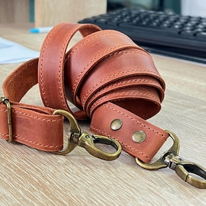 Genuine Leather Shoulder Strap with Swivel Hooks, Removable Crossbody Strap, Rotating Clasp Strap, Detachable Adjustable Leather Crossbody Strap: Antique Brass Swivel Hooks, 1" wide