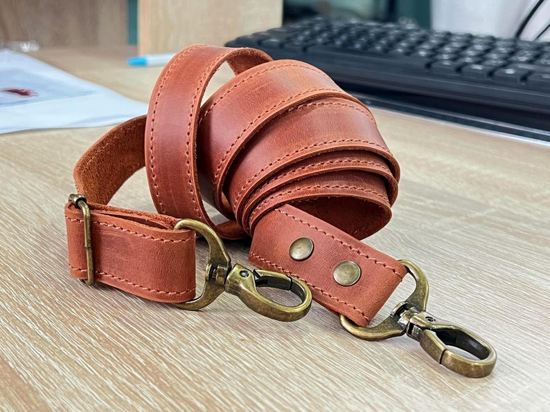 Genuine Leather Shoulder Strap with Swivel Hooks, Removable Crossbody Strap, Rotating Clasp Strap, Detachable Adjustable Leather Crossbody Strap: Antique Brass Swivel Hooks, 1" wide