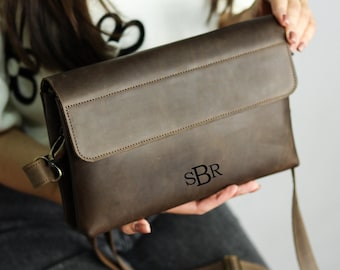 Engraved Crazy Horse Leather Crossbody Bag: Handmade Travel Shoulder Pouch & RFID Card Slots