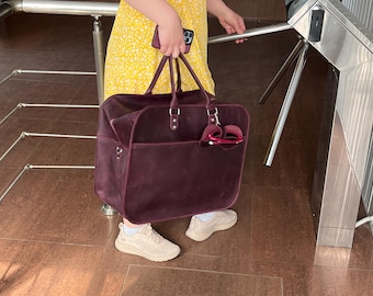 Custom Crazy Horse Leather Shoulder Weekender Bag For Travel, Personalized Duffle Bag, Overnight Satchel