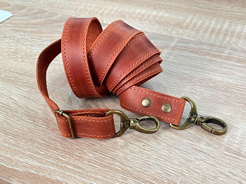 Genuine Leather Shoulder Strap with Swivel Hooks, Removable Crossbody Strap, Rotating Clasp Strap, Detachable Adjustable Leather Crossbody Strap: Antique Brass Swivel Hooks, 1" wide