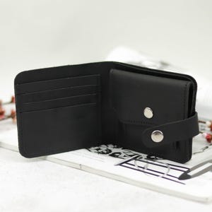 Genuine Leather Slim Leather Bifold Wallet, Handmade Credit Card Holder, Leather Mini Purse, Compact Coin Pocket Wallet with Button Closure