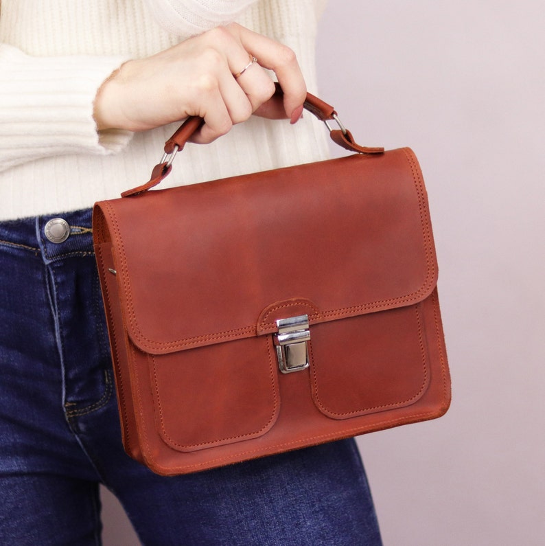 Handmade Leather Documents Briefcase /Small Top Handle Bag / Brown Shoulder Handbag / Mini Leather Satchel Bag / Personalized Crossbody Bag image 8