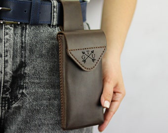 Handmade Leather Smartphone Cover with Belt Loop, Genuine Leather Holster For iPhone 13, 14, 15, 16, Pro, Max, Custom Size Cell Phone Holder