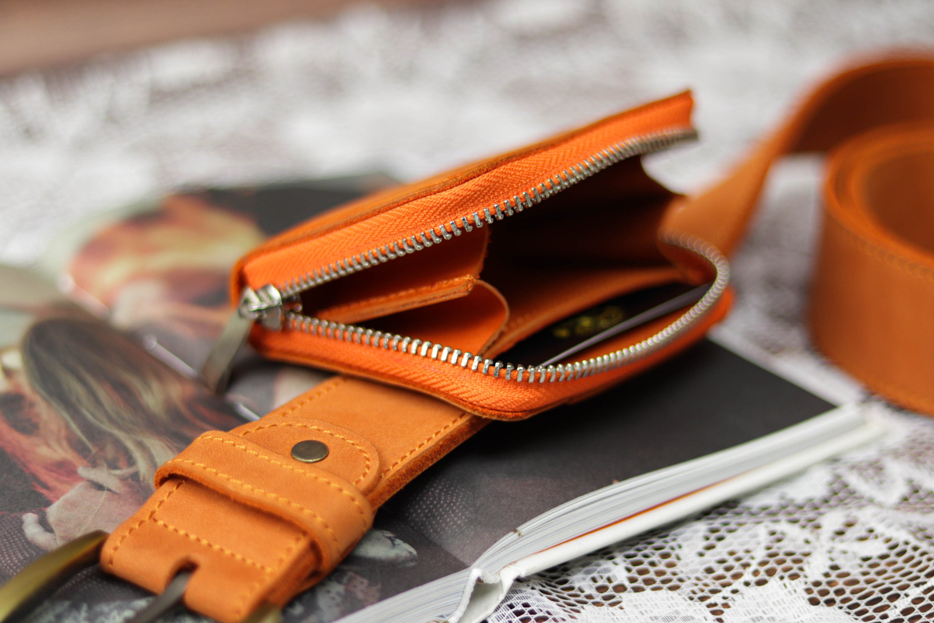 Genuine Leather Purse With Belt Loop/ Small Zip-around Genuine Leather Purse With Belt Loop/ Small Zip-around