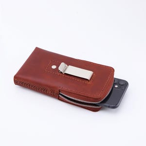 Handmade Leather Smartphone Holster: Zip Case with Belt Clip, Personalized image 17
