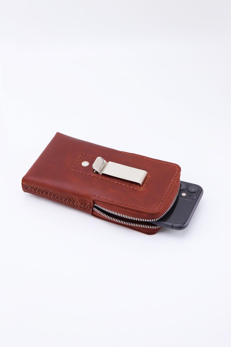 Handmade Leather Smartphone Holster: Zip Case with Belt Clip, Personalized image 17