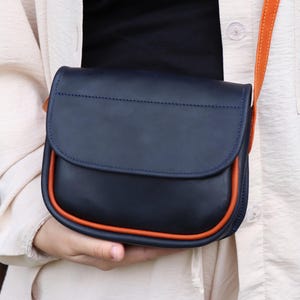 Handmade Leather Small Crossbody Bag, Genuine Leather Shoulder Bag, Blue & Orange Leather Mini Bag, Personalized Minimalist Leather Handbag