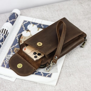Crazy Horse Leather Travel Wallet: RFID, Zip Around Documents & Phone Organizer with Wrist Strap