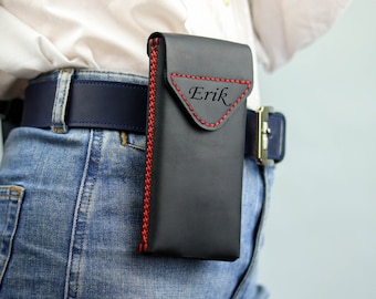 Funda de cuero para teléfono inteligente grabada con trabilla para cinturón/soporte para iPhone X/XR/11/12/13/14/Plus/Pro/Max/cinturón de funda hecho a mano/bolsa de cuero móvil
