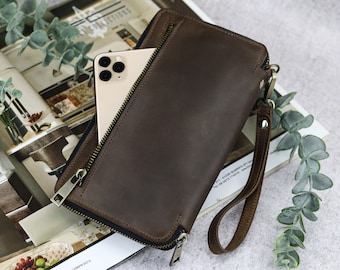 Handmade Crazy Horse Leather Travel Wallet: Zip Around Wristlet Organizer, RFID protection & Wrist Strap