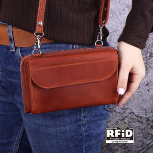 Natural Leather Shoulder iPhone Purse, Crossbody Small Zipper Bag, Personalized RFID Blocking Purse, Genuine Leather Shoulder Wallet Purse