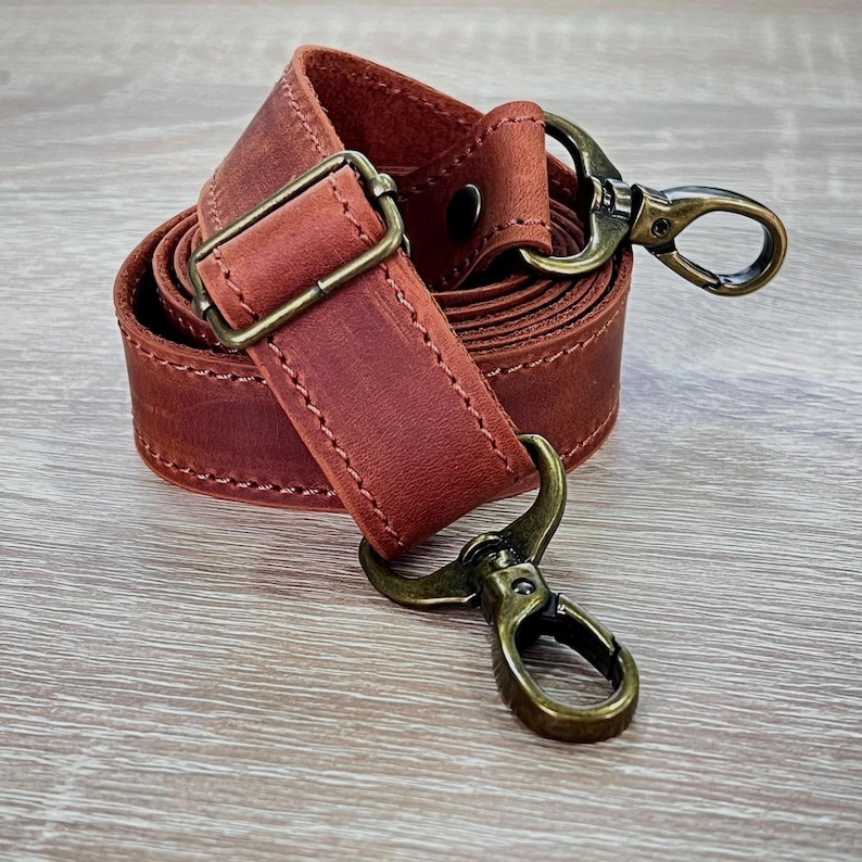 Genuine Leather Shoulder Strap with Swivel Hooks, Removable Crossbody Strap, Rotating Clasp Strap, Detachable Adjustable Leather Crossbody Strap: Antique Brass Swivel Hooks, 1" wide