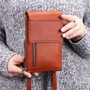 Genuine Leather Crossbody Wallet for Women, Handmade Shoulder iPhone Bag, Leather Crossbody Phone Bag, Shoulder Zip Wallet, Small Side Purse