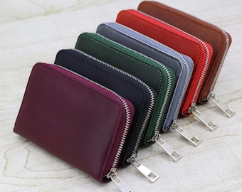 Handmade Crazy Horse Leather Mini Wallet: RFID Blocking Zip Coin Purse & Card Holder, Personalized