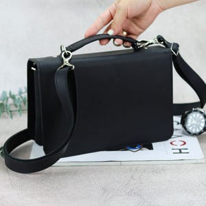 Natural Leather Formal Event Bag, Classic Mini Black Briefcase, Leather Crossbody Purse, Portfolio Handbag, Handmade Top Handle Shoulder Bag
