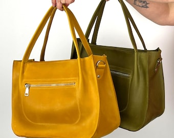Crazy Horse Handmade Leather Tote Bag with Zipper & Shoulder Cosmetic Purse, Personalized Crossbody Satchel