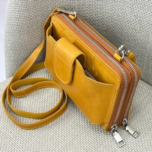 Handmade Double Crossbody Zip Around Leather Purse, Small Travel Leather Crossbody Hand-free Wallet, Dual Shoulder iPhone Pro Max Wallet Bag