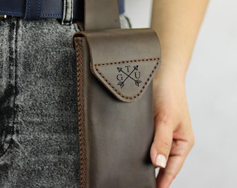 Handmade Crazy Horse Leather Phone Holster with Belt Loop, Custom Fit Case For iPhone