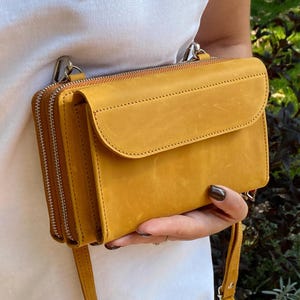 Genuine Leather Crossbody Purse with Pocket For iPhone 15, 16, Pro, Max, Double Zipper Wallet, Leather Shoulder Phone Bag & 16 Card Slots